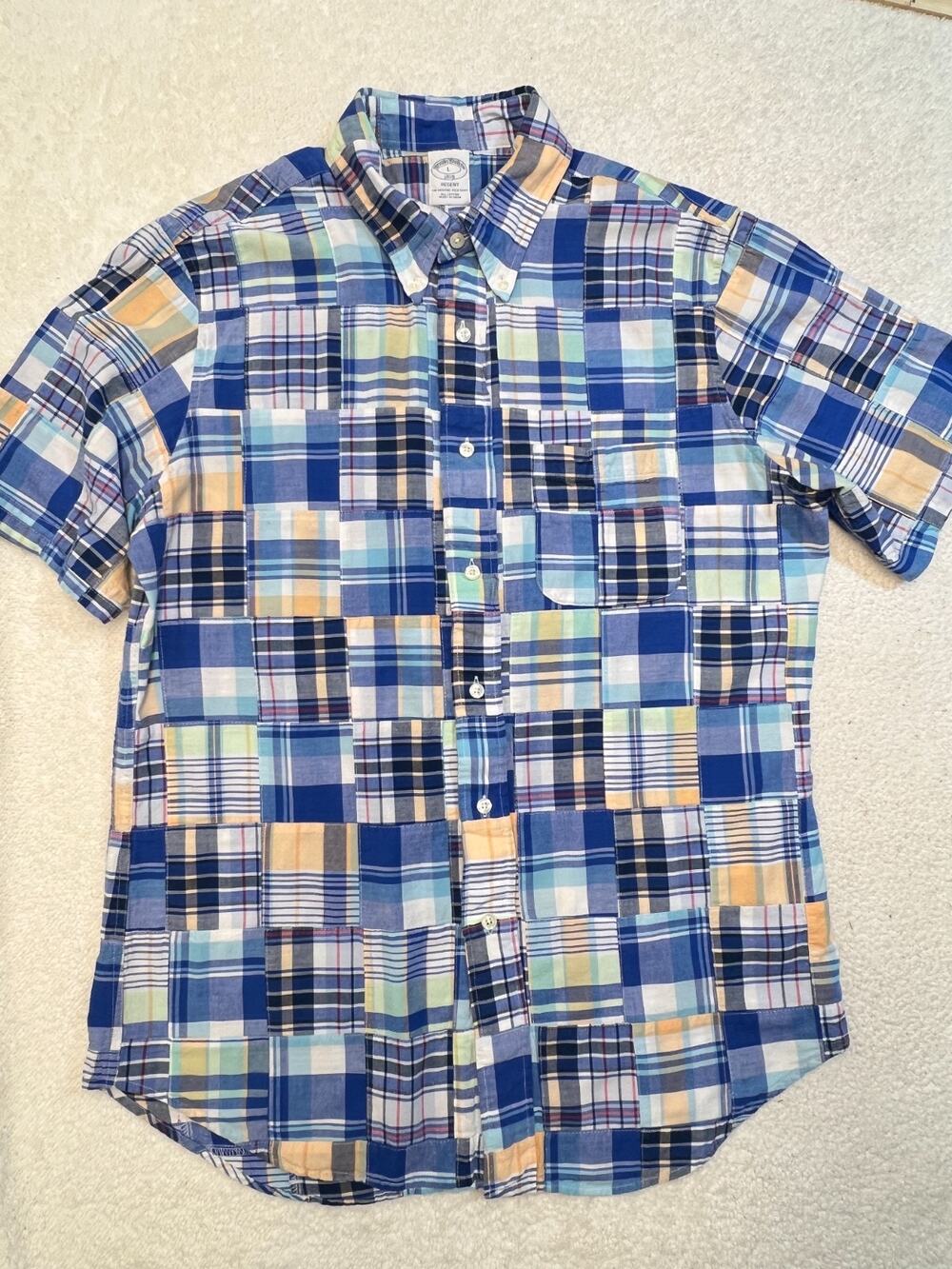 Brooks Brothers Regent Mens Shirt Button Down Patchwork Madras BluePlaid, Sz L